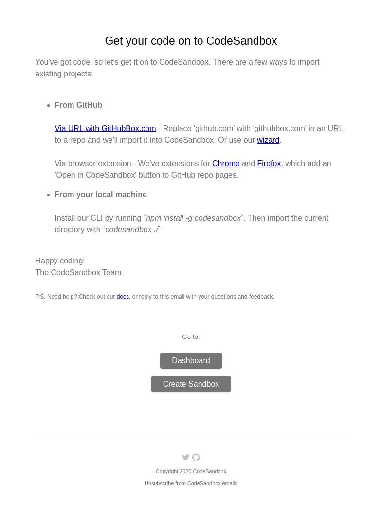 Письмо компании «CodeSandbox» на тему «Get your code on to CodeSandbox»