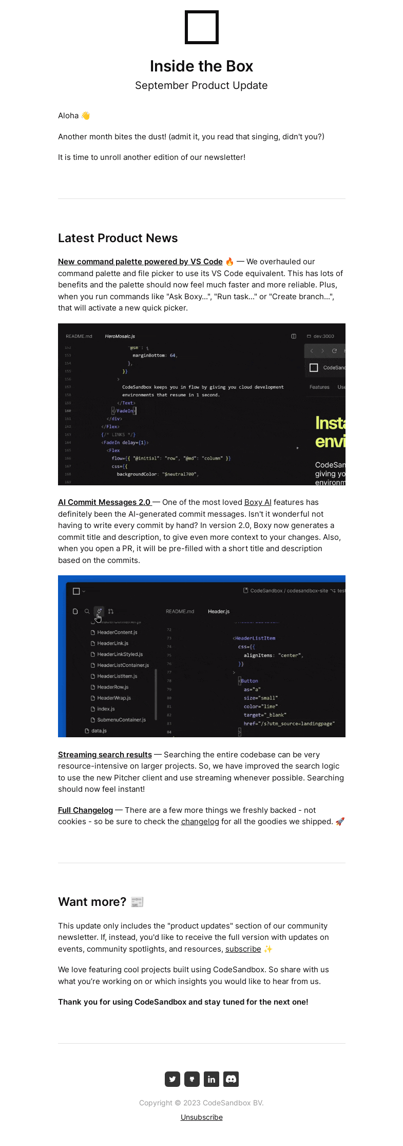 Письмо компании «CodeSandbox» на тему «Inside the Box: September Product Update»