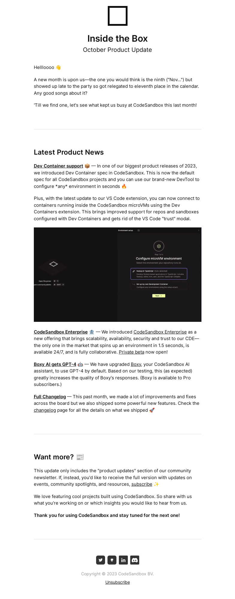 Письмо компании «CodeSandbox» на тему «Inside the Box: October Product Update»