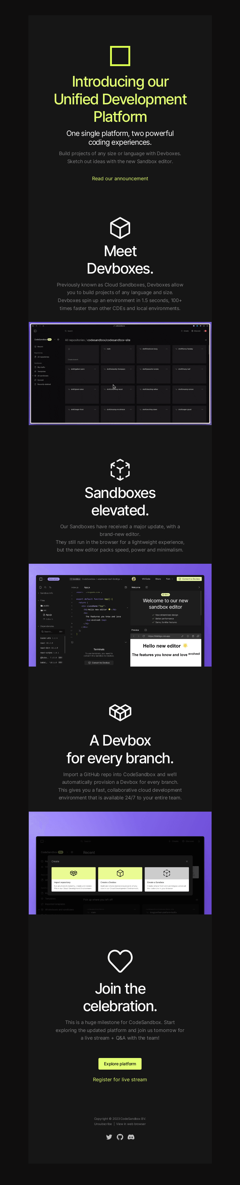 Письмо компании «CodeSandbox» на тему «Introducing a Unified Development Platform»