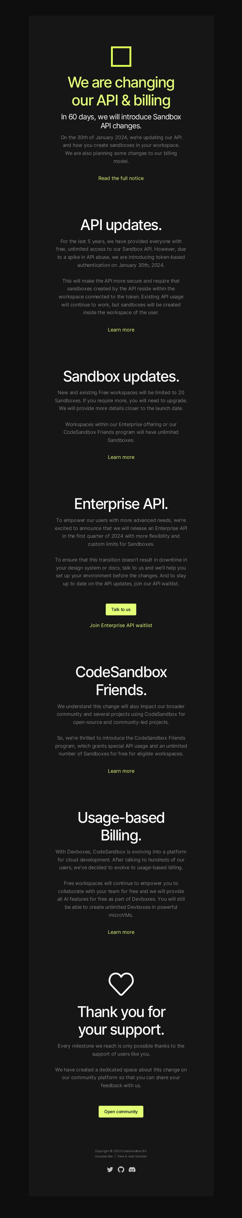 Письмо компании «CodeSandbox» на тему «Upcoming updates to our API & billing»