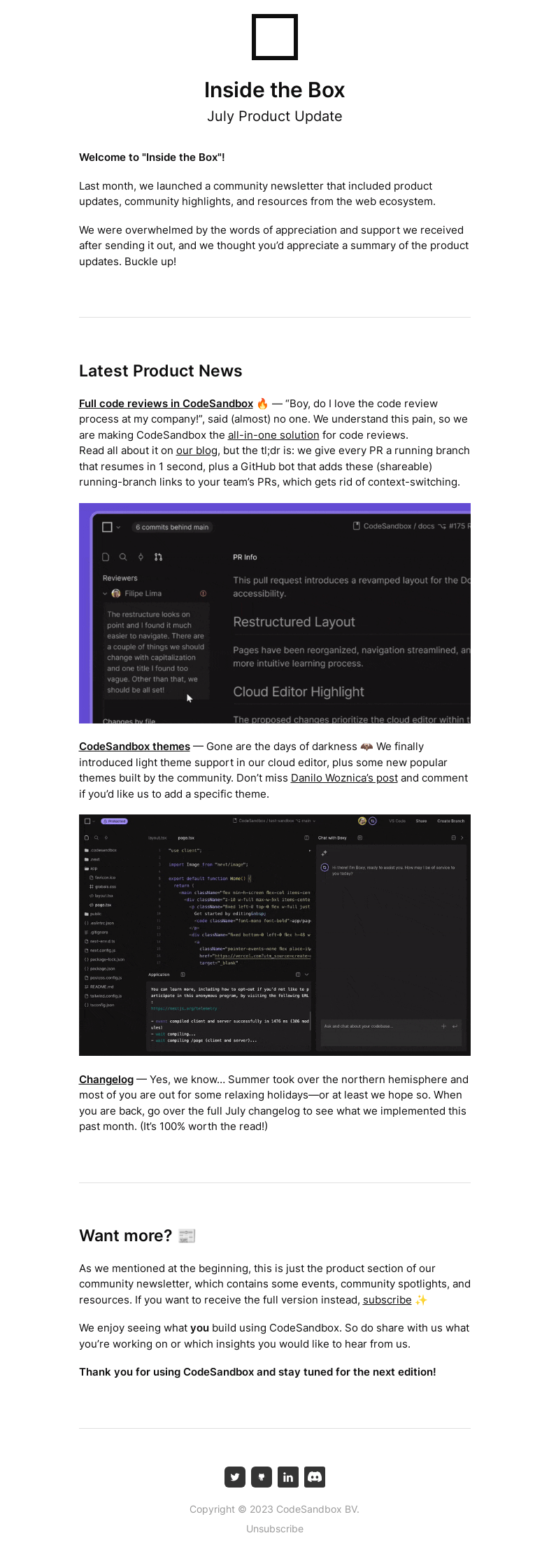 Письмо компании «CodeSandbox» на тему «Inside the Box: July Product Update»
