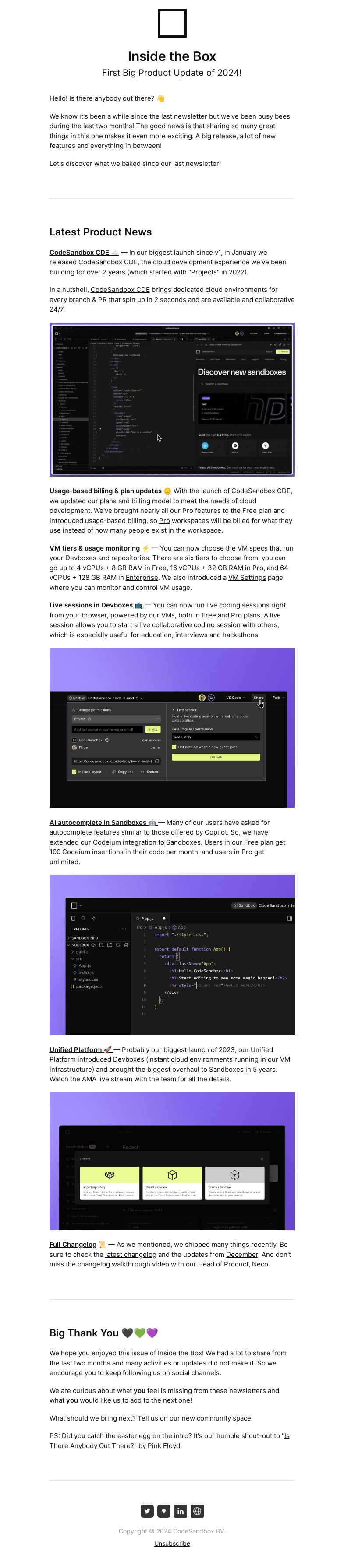 Письмо компании «CodeSandbox» на тему «Inside the Box: First Big Product Update of 2024»