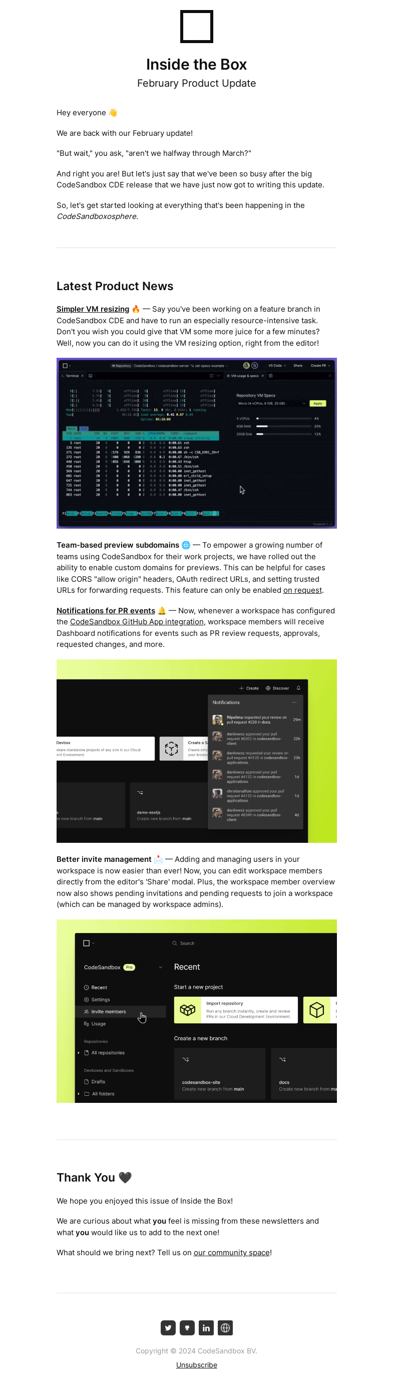 Письмо компании «CodeSandbox» на тему «Inside the Box: February Product Update»