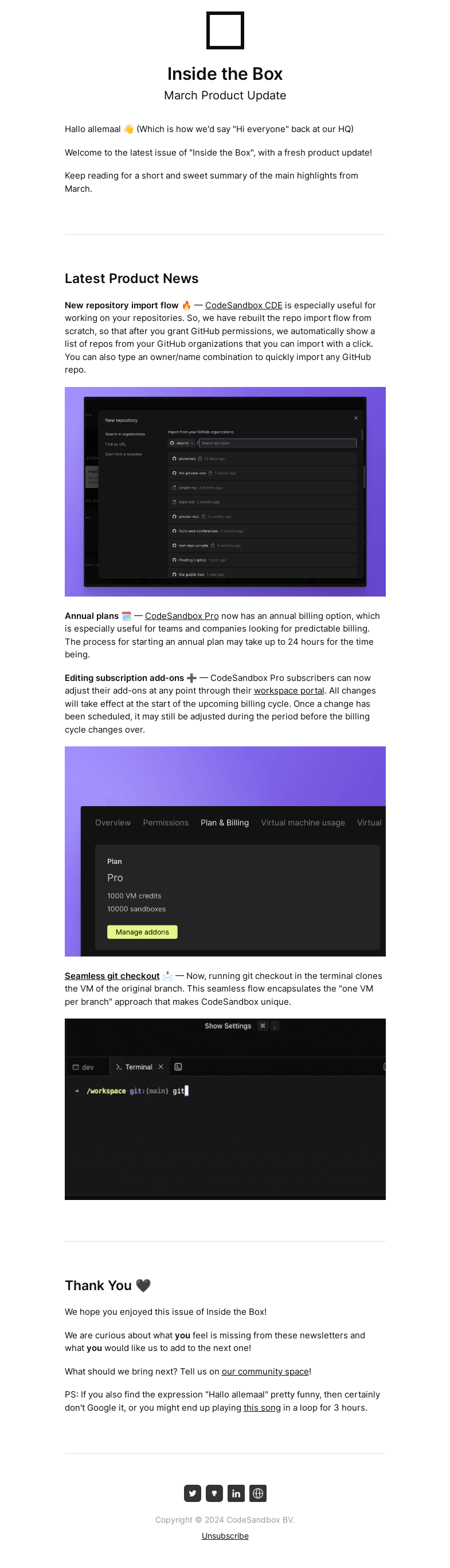 Письмо компании «CodeSandbox» на тему «Inside the Box: March Product Update»