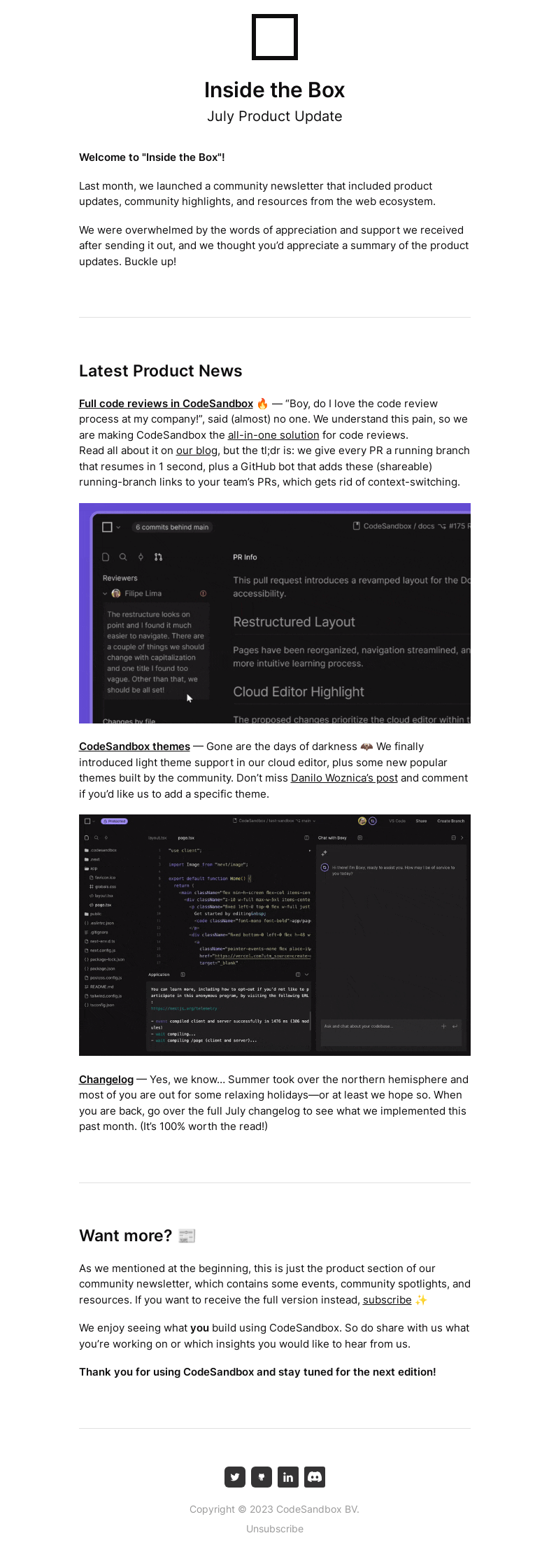 Письмо компании «CodeSandbox» на тему «Inside the Box: July Product Update»