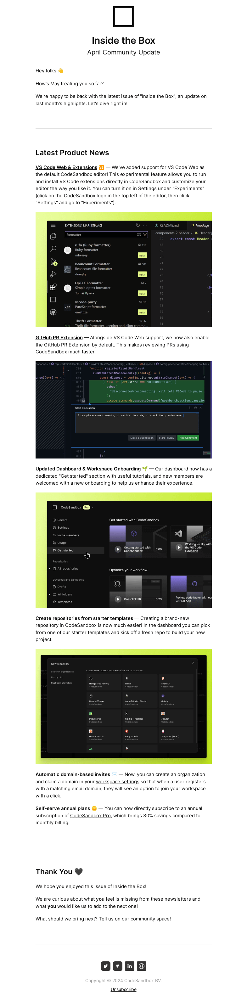Письмо компании «CodeSandbox» на тему «Inside the Box: April Product Update»