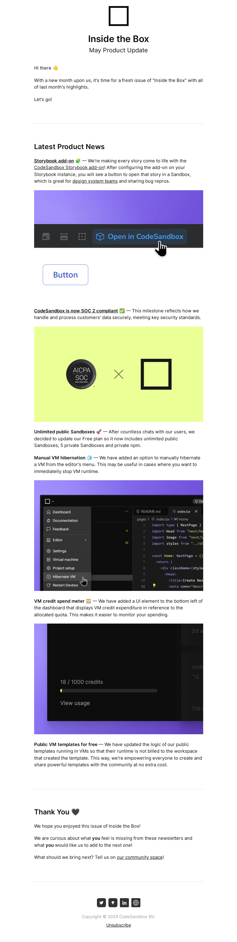 Письмо компании «CodeSandbox» на тему «Inside the Box: May Product Update»