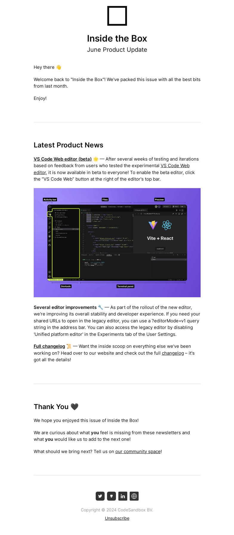 Письмо компании «CodeSandbox» на тему «Inside the Box: June Product Update»