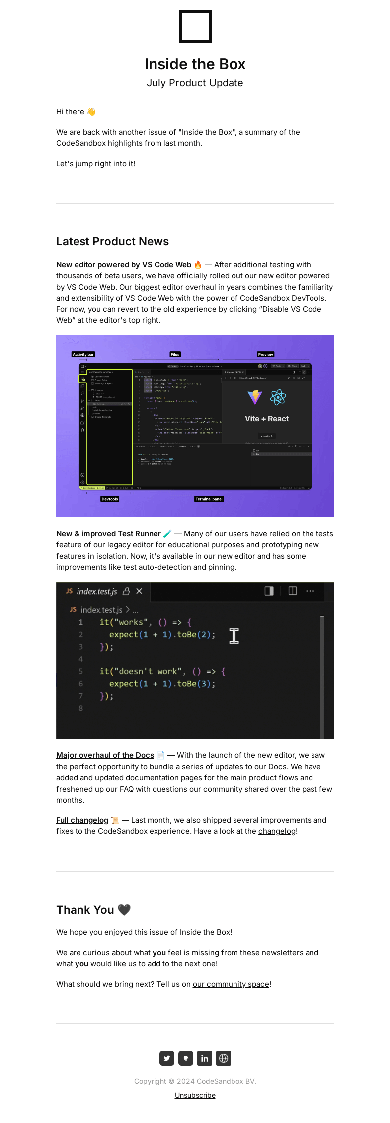 Письмо компании «CodeSandbox» на тему «Inside the Box: July Product Update»