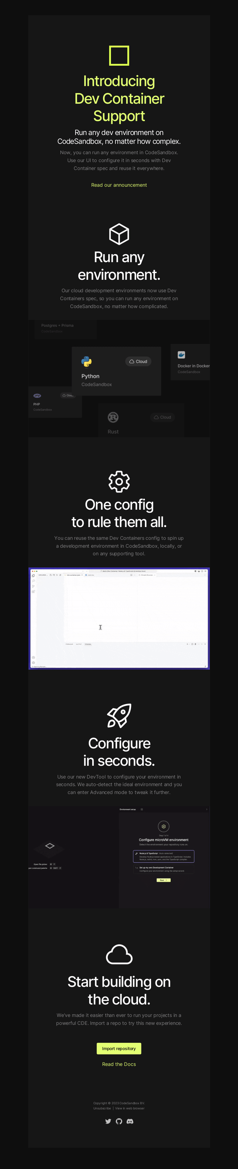 Письмо компании «CodeSandbox» на тему «Introducing Dev Container support in CodeSandbox»
