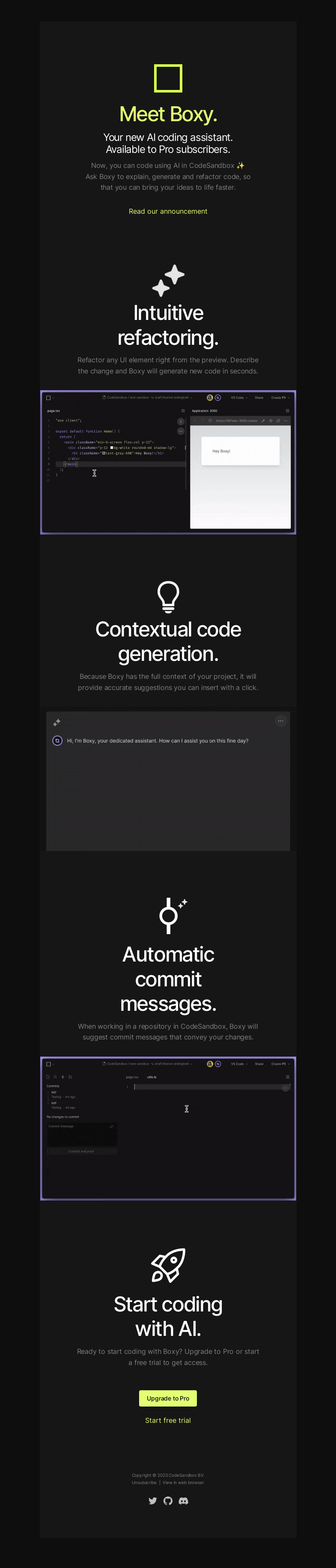Письмо компании «CodeSandbox» на тему «Meet Boxy, your new AI coding assistant 🤖»