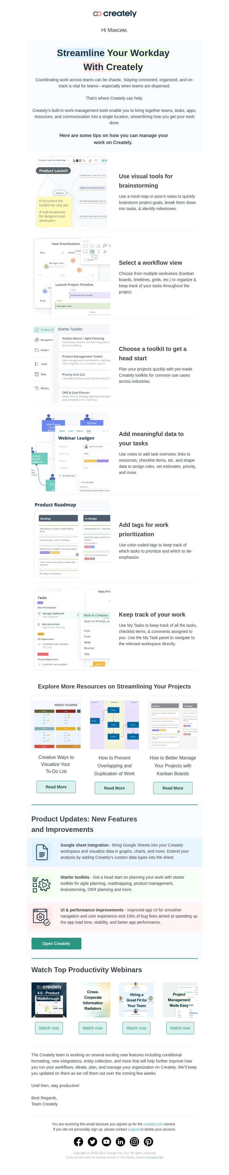 Письмо компании «Creately» на тему «Максим Streamline Your Projects, From Idea To Execution»