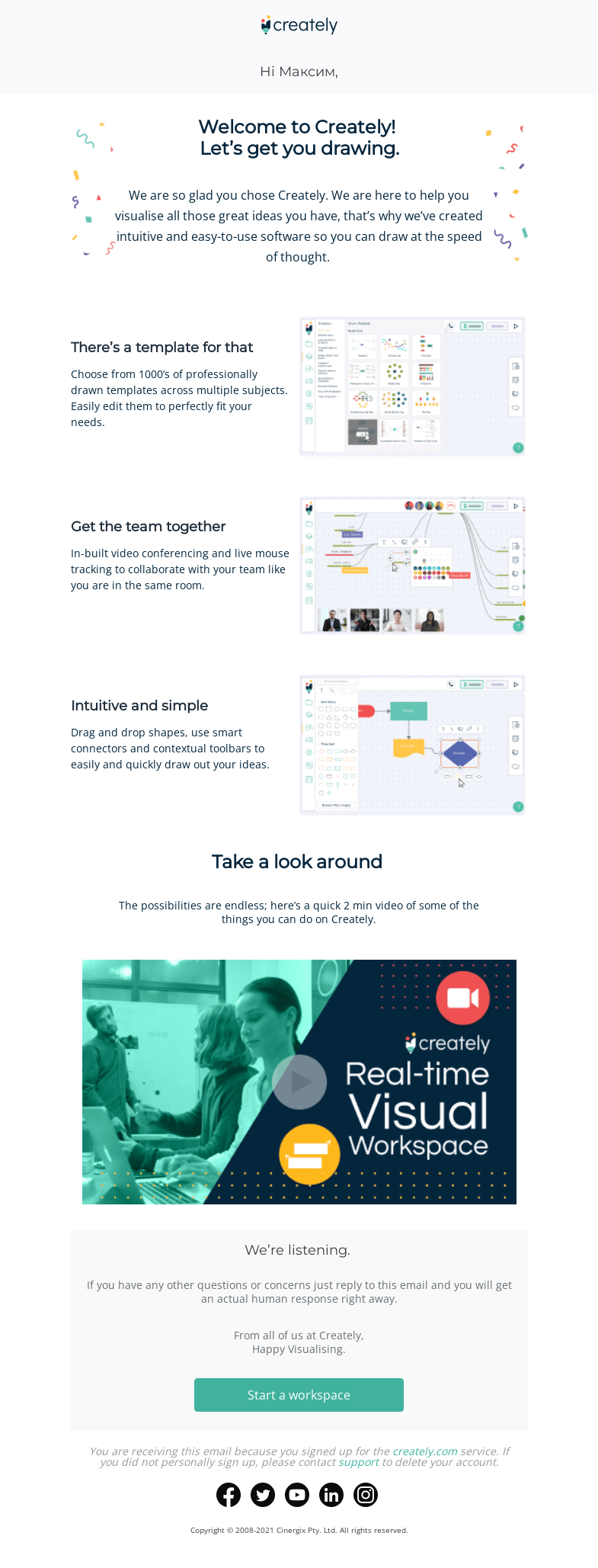 Письмо компании «Creately» на тему «Welcome to Creately!»