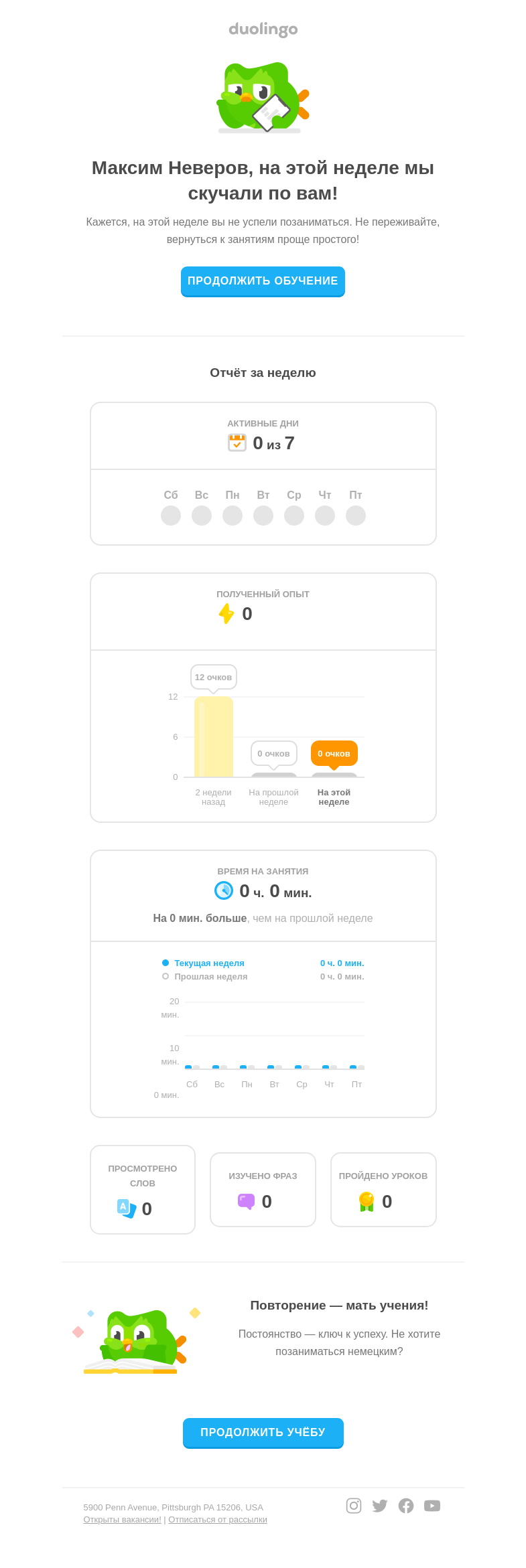 Письмо компании «Duolingo» на тему «📝 Ваш еженедельный отчёт успеваемости»