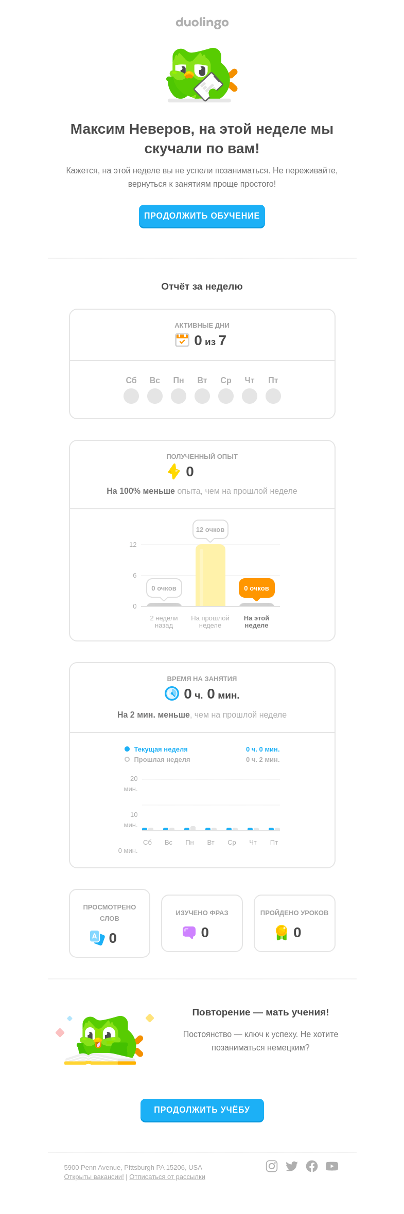 Письмо компании «Duolingo» на тему «Продолжайте прогресс в немецком на следующей неделе! 📈»