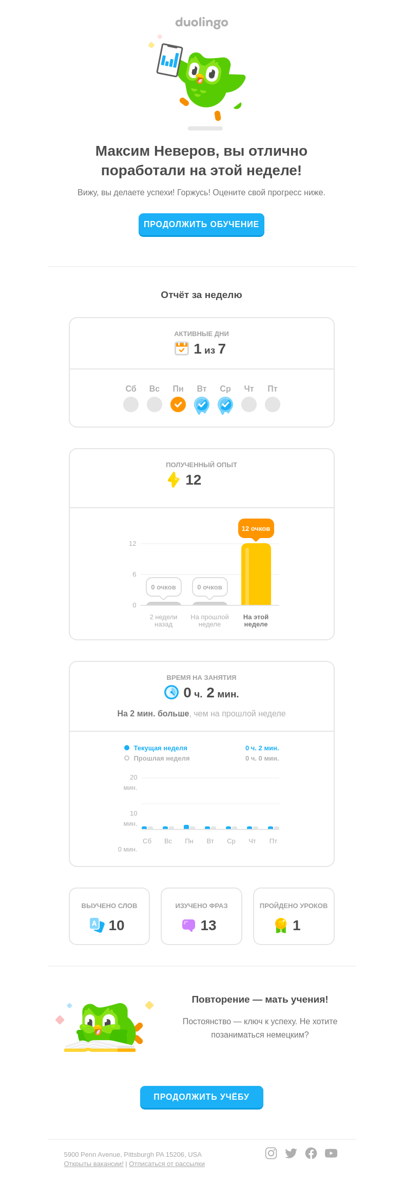 Письмо компании «Duolingo» на тему «📬 Поздравляем, первая неделя прошла отлично! Ваш прогресс»