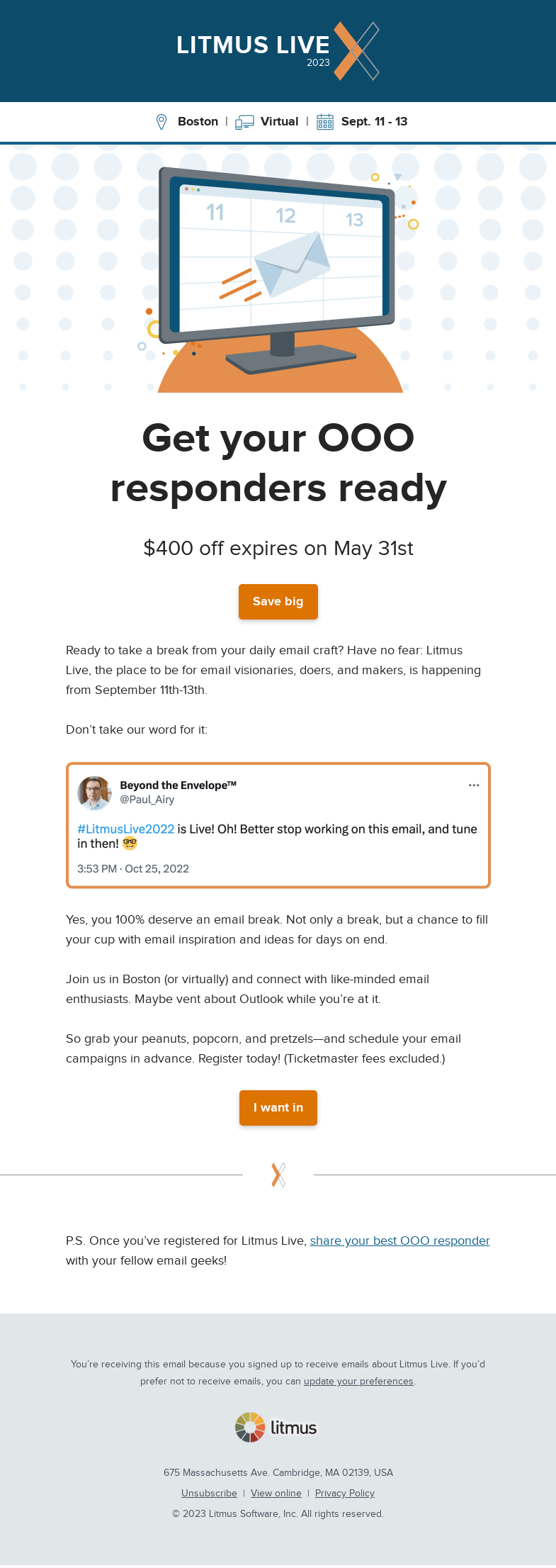 Письмо компании «Litmus» на тему «Take a break from building emails»