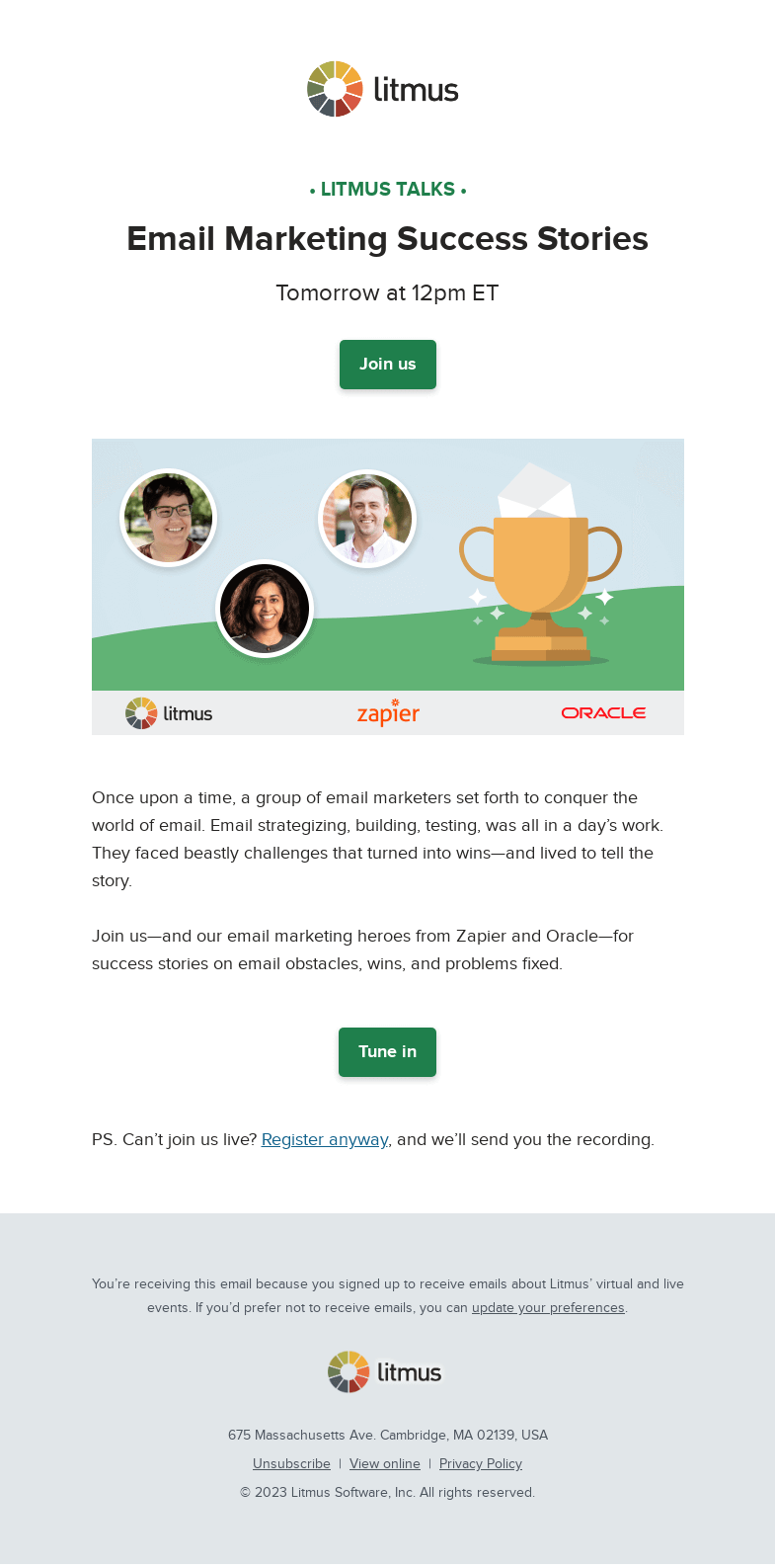 Письмо компании «Litmus» на тему «Tomorrow: Storytime with Zapier and Oracle »