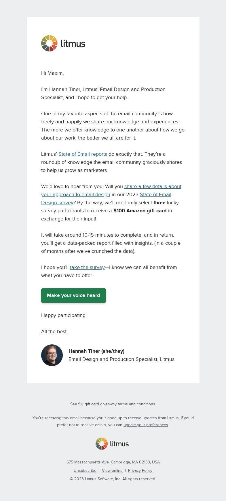 Письмо компании «Litmus» на тему «Hey Maxim, want to help us fuel email design research?»