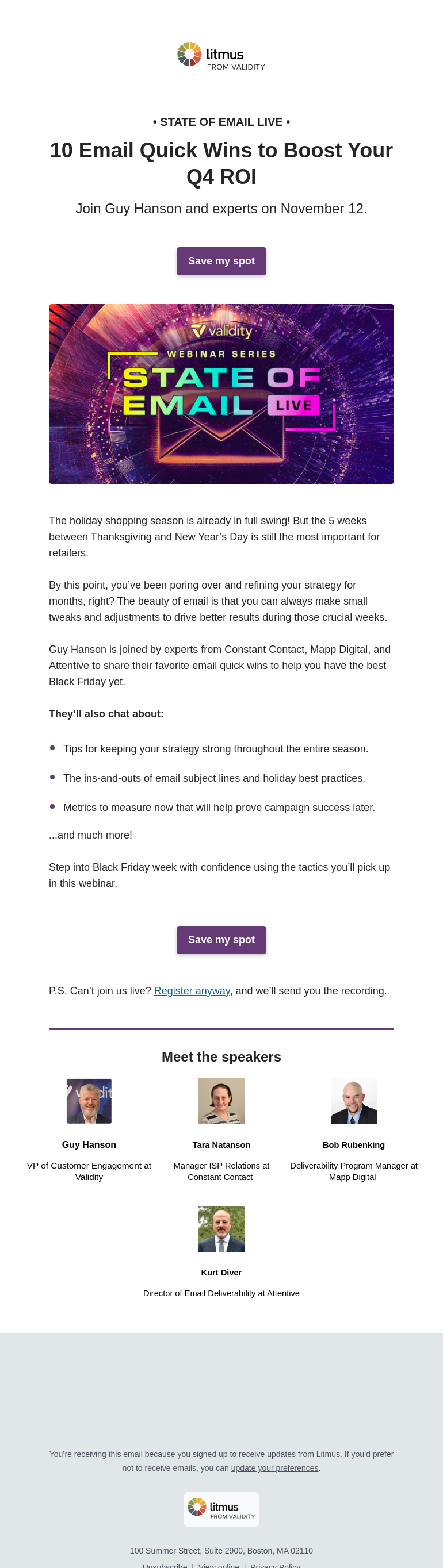 Письмо компании «Litmus» на тему «10 email quick wins for the holidays [Webinar]»