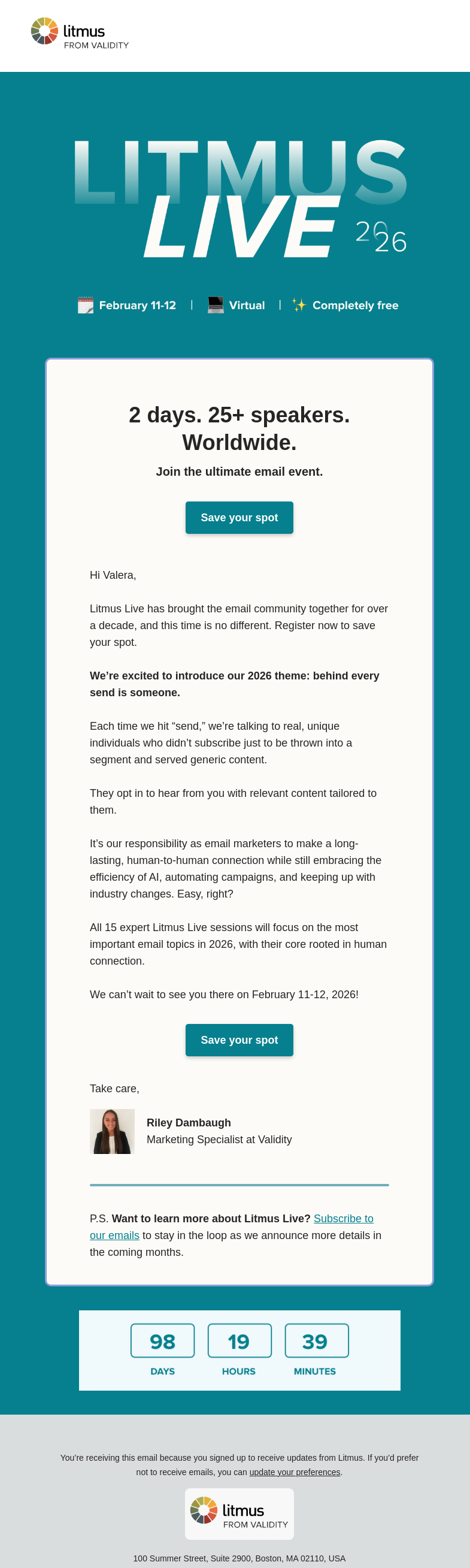 Письмо компании «Litmus» на тему «Litmus Live is coming, and you’re invited. 💌»