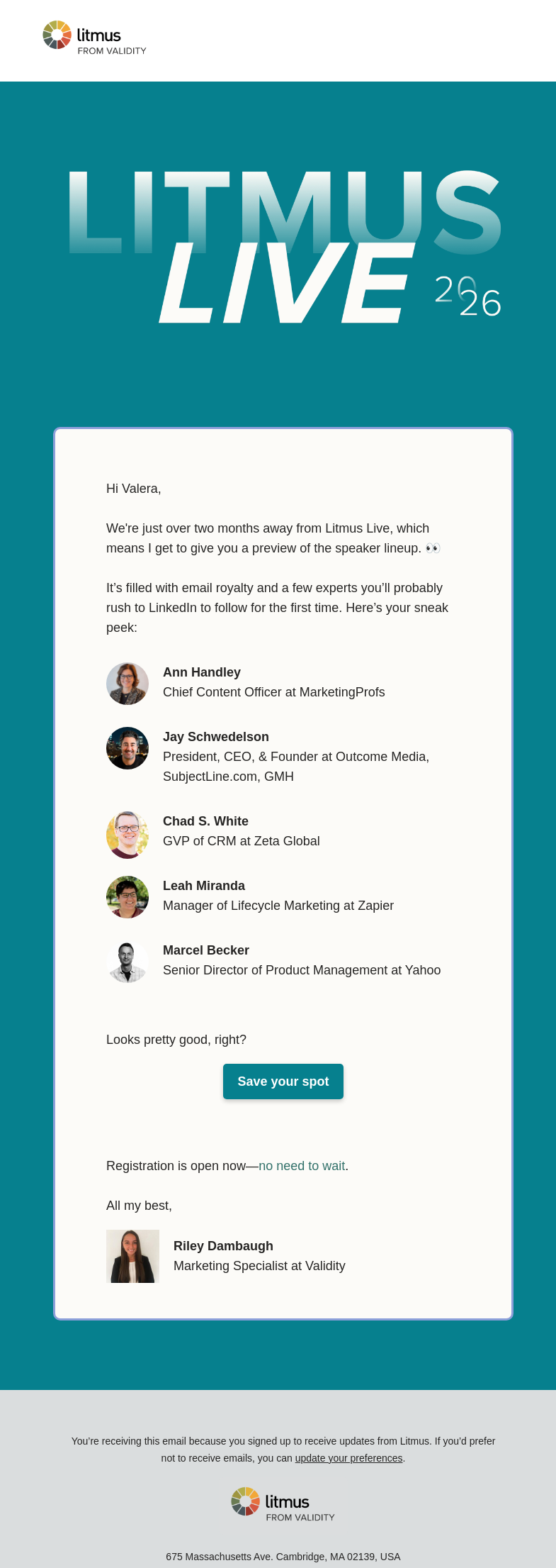 Письмо компании «Litmus» на тему «Litmus Live speakers are here! 📣»