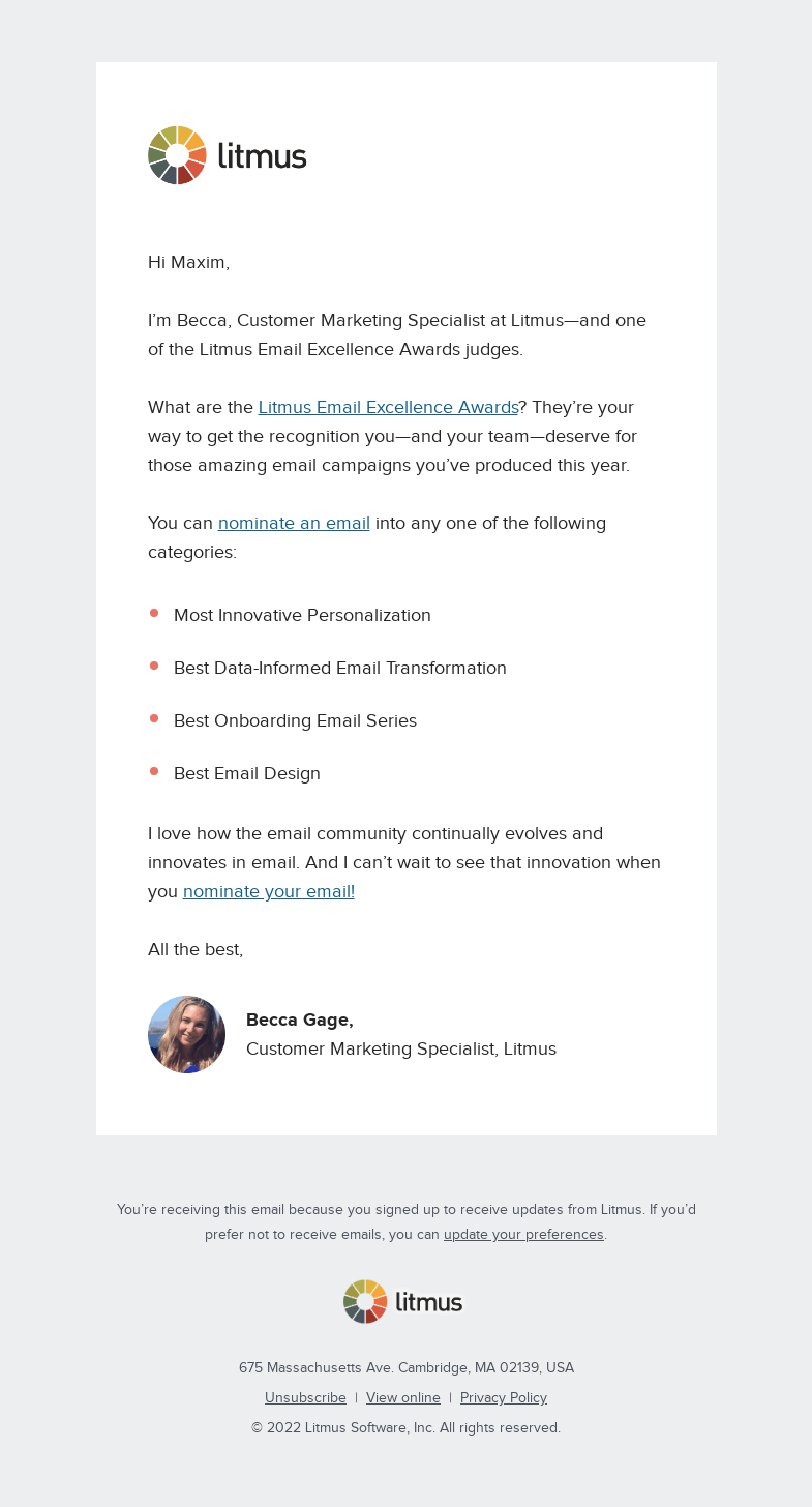 Письмо компании «Litmus» на тему «Show me your award-winning email campaign»