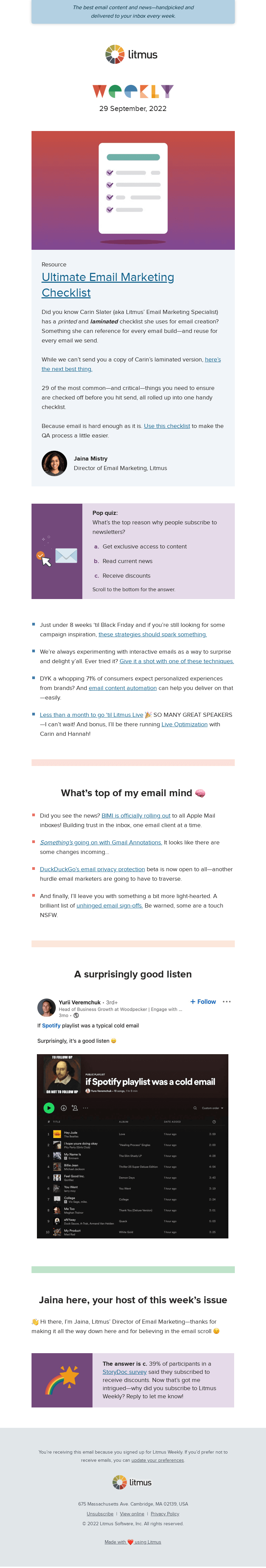 Письмо компании «Litmus» на тему «The one checklist to rule them all, interactive email techniques to
 try, and more»