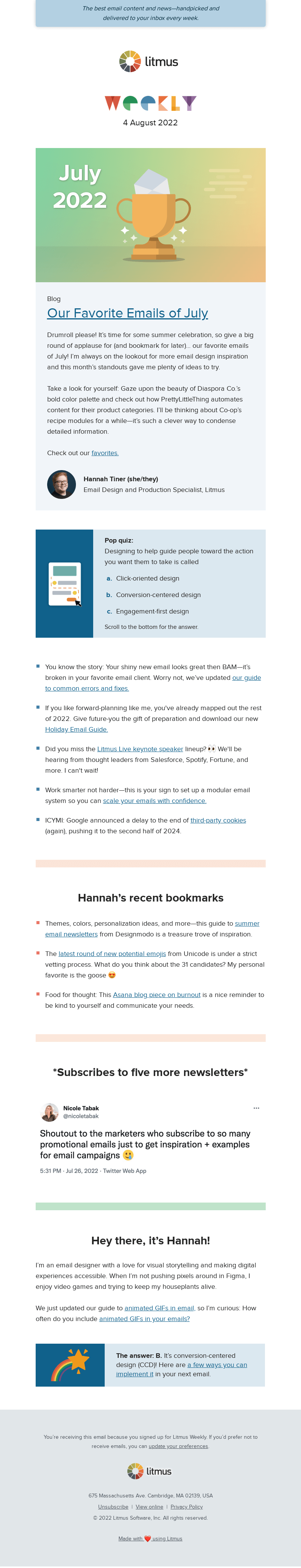 Письмо компании «Litmus» на тему «Our favorite emails of July, Google's update on third-party
 cookies, holiday email tips, and more»