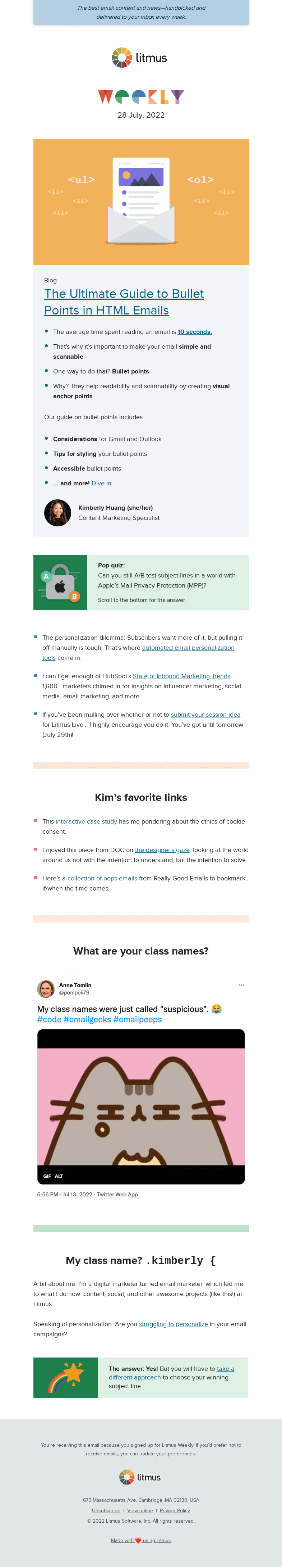Письмо компании «Litmus» на тему «A guide to bullet points, 2022 marketing trends & benchmarks, and
 more»