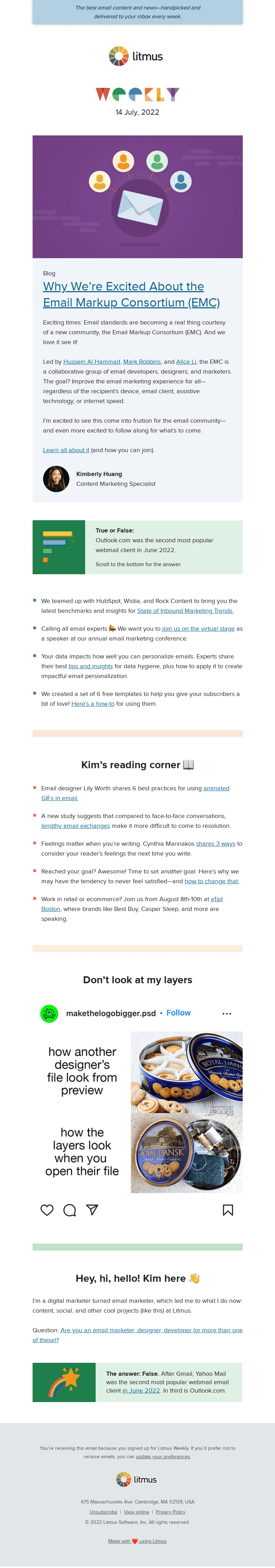 Письмо компании «Litmus» на тему «Discover the Email Markup Consortium, see June’s top email clients, and more»