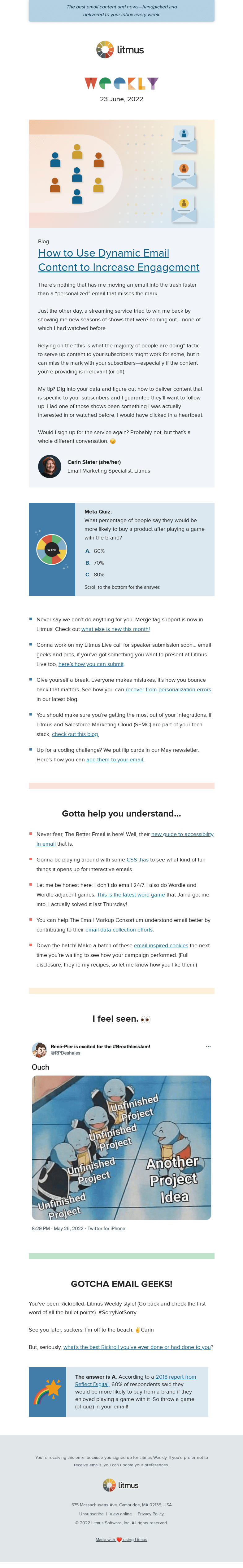 Письмо компании «Litmus» на тему «Dynamic emails for better engagement, try this interactive email
 technique, and more»