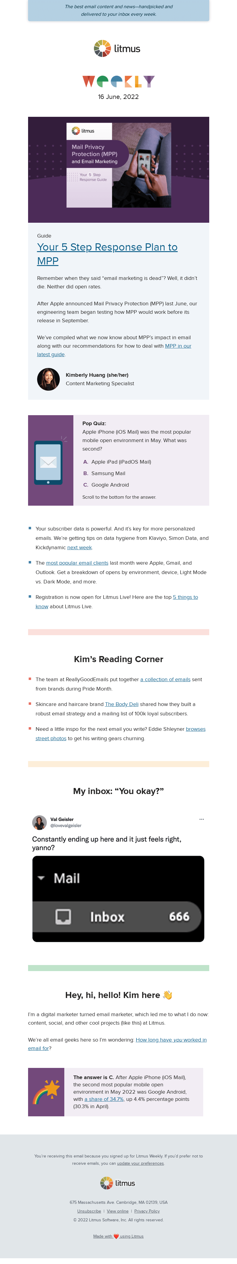 Письмо компании «Litmus» на тему «Get your MPP response plan, see May's top email clients, register
 for Litmus Live, and more»