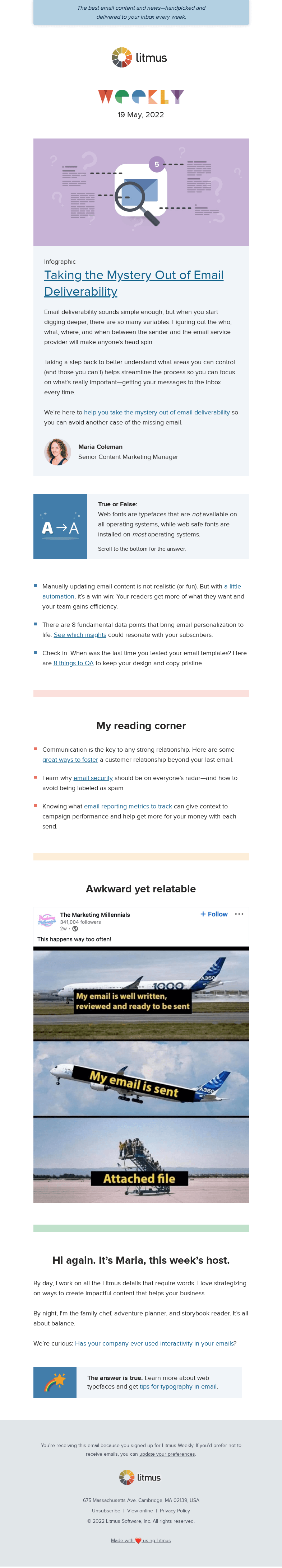 Письмо компании «Litmus» на тему «Email deliverability mysteries solved, template QA testing tips,
 and more»