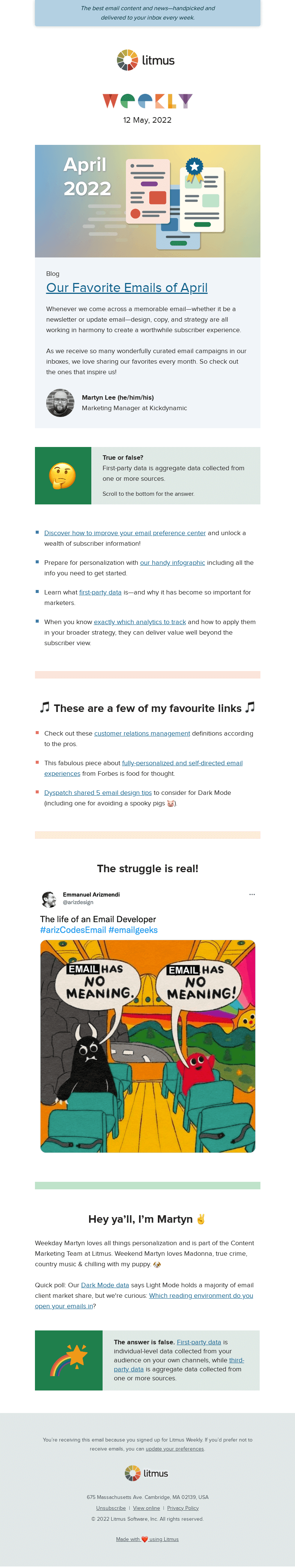 Письмо компании «Litmus» на тему «Our favorite emails from April, preparing for personalization, and
 more»