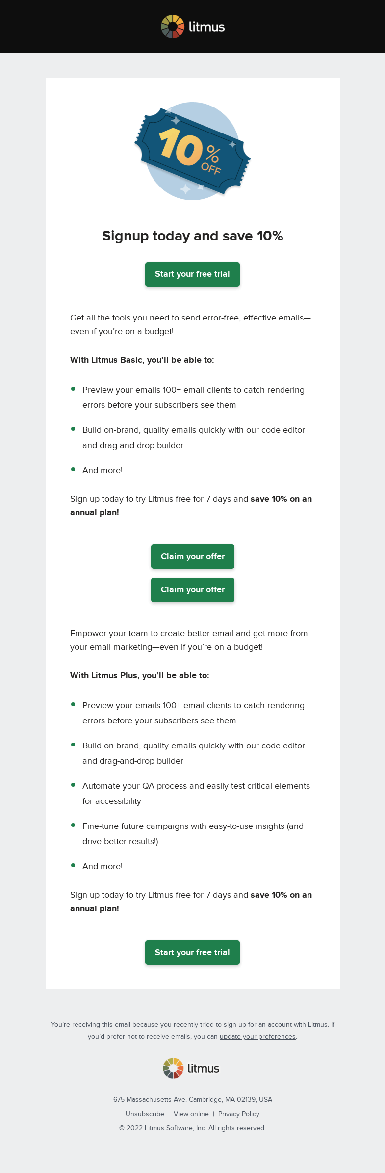Письмо компании «Litmus» на тему «Create pixel-perfect emails, every time»