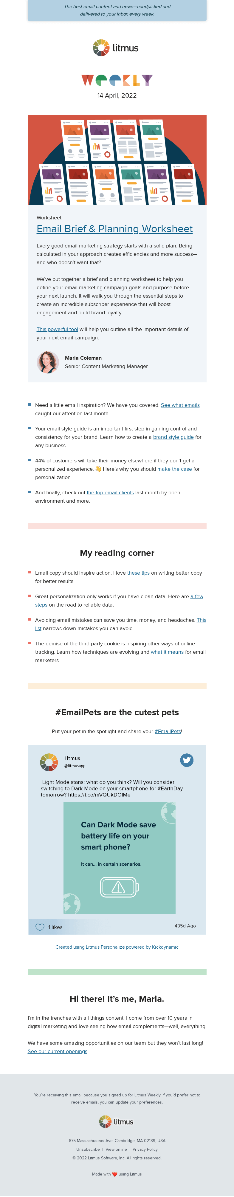 Письмо компании «Litmus» на тему «Your ultimate email brief worksheet, our favorite emails of the
 month, and more»