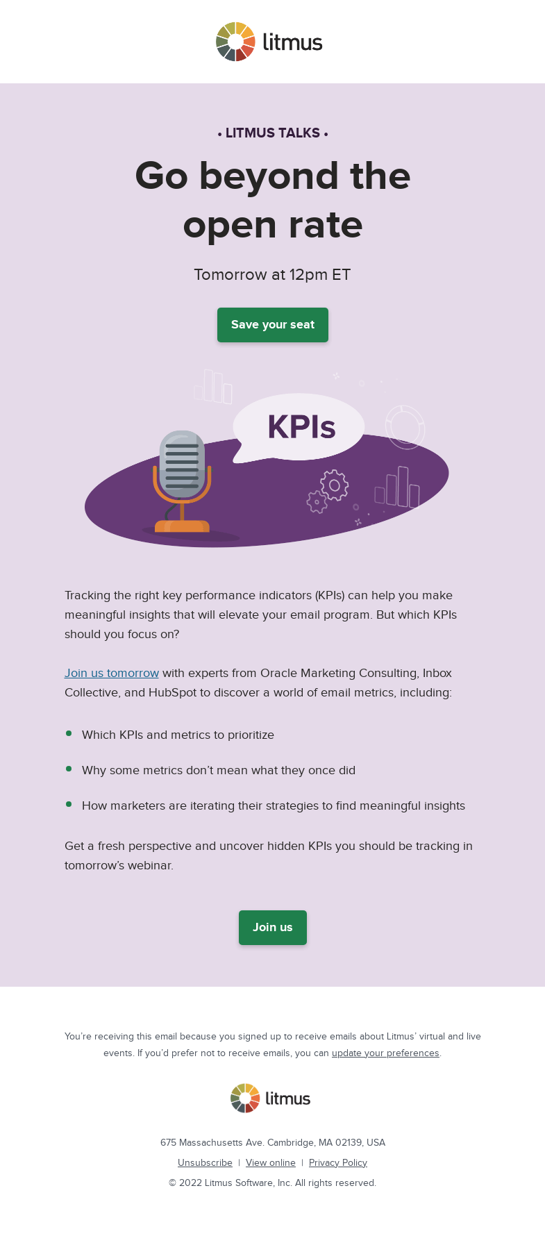 Письмо компании «Litmus» на тему «Tomorrow: Email KPIs to track in a post-MPP world»
