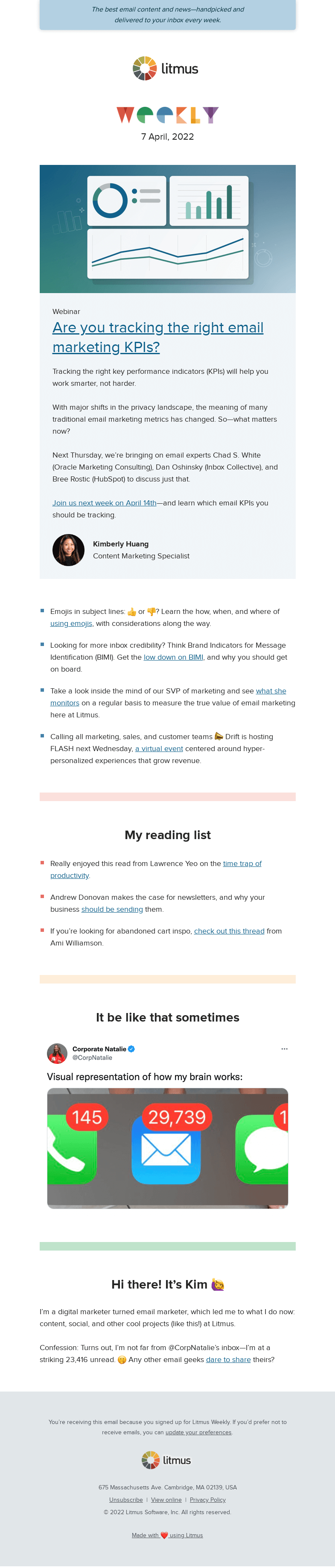 Письмо компании «Litmus» на тему «Email metrics you should be tracking, emojis in subject lines (»