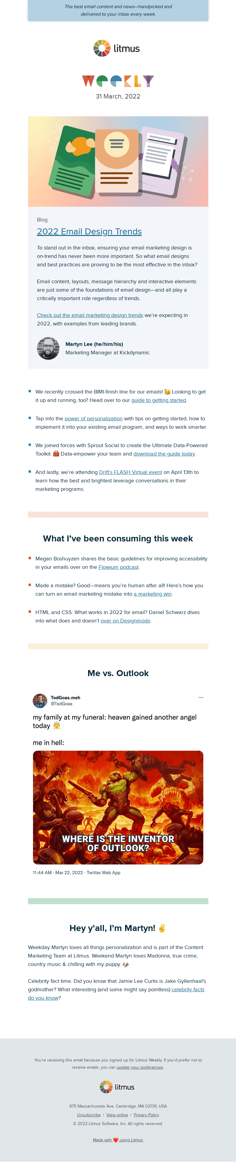 Письмо компании «Litmus» на тему «Email design trends, the power of personalization, and more»