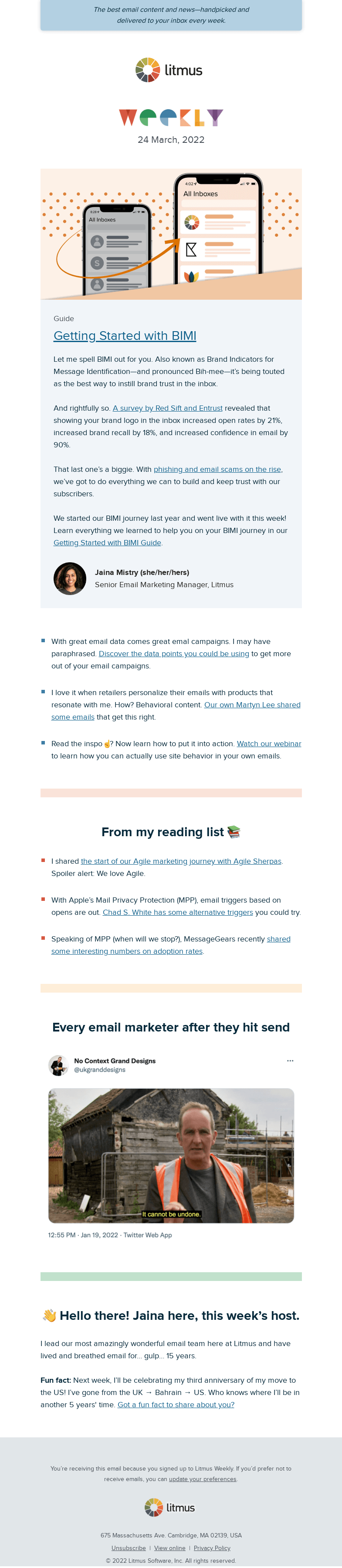 Письмо компании «Litmus» на тему «Get started with Bih-mee, data to improve your emails, and more»