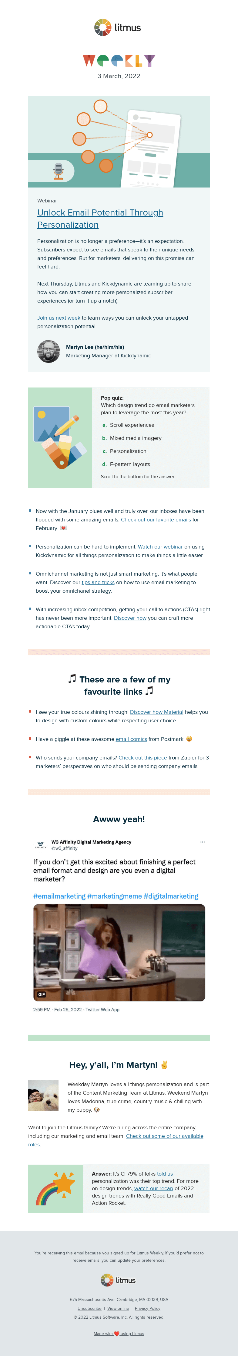 Письмо компании «Litmus» на тему «Take your personalization up a notch, our favorite emails in
 February, and email + omnichannel marketing»