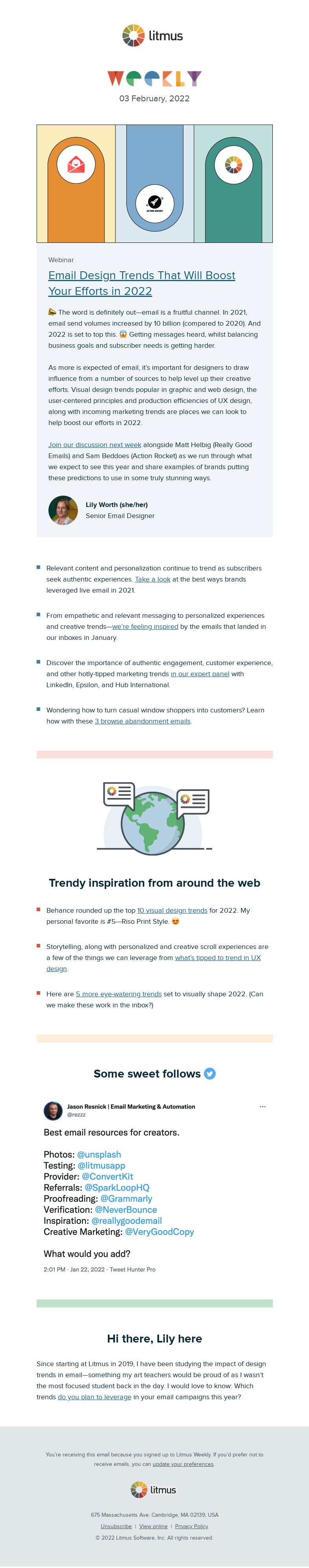 Письмо компании «Litmus» на тему «Email design predictions, 50+ live email examples, our favorite
 emails in January, and more»