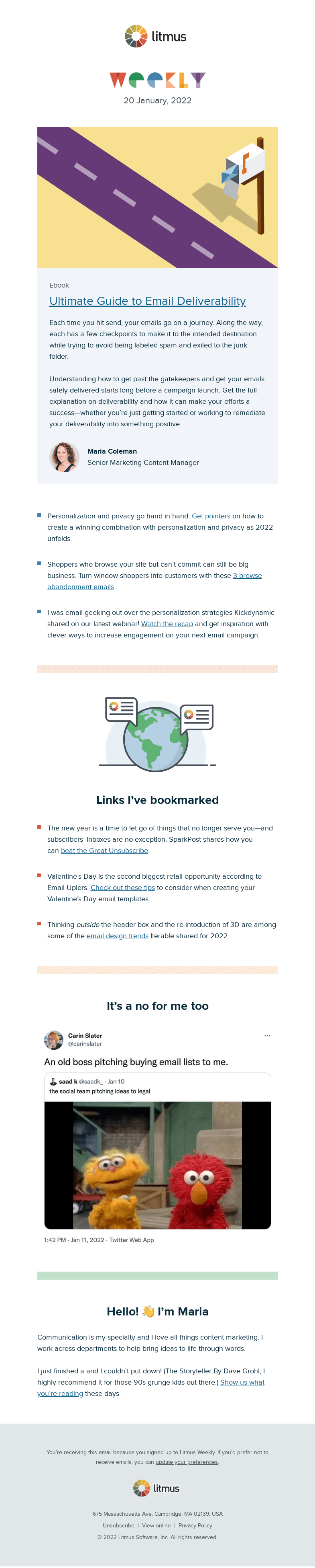 Письмо компании «Litmus» на тему «Improve your email deliverability, personalization strategies, and
 more»