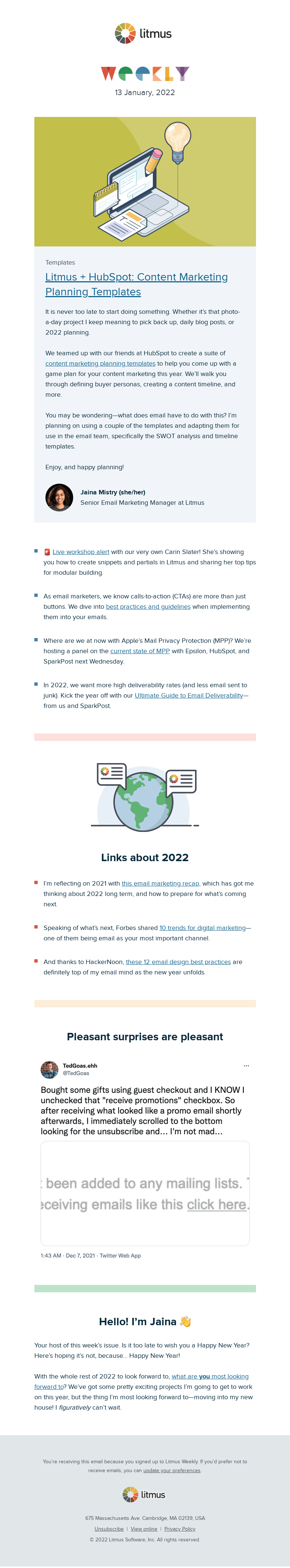 Письмо компании «Litmus» на тему «Calls-to-action best practices, templates to help 2022 planning,
 and more»
