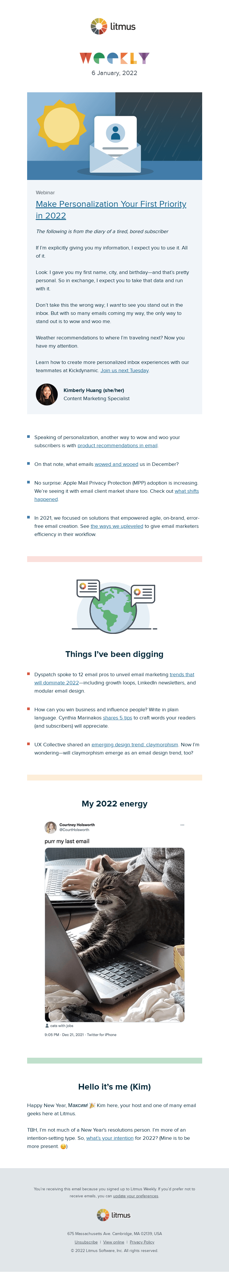 Письмо компании «Litmus» на тему «Better email with personalization, our favorite emails of the
 month, and more»