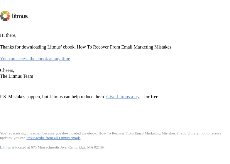 Письмо компании «Litmus» на тему «Here's your copy of Litmus' "How To Recover From Email Marketing
 Mistakes"»