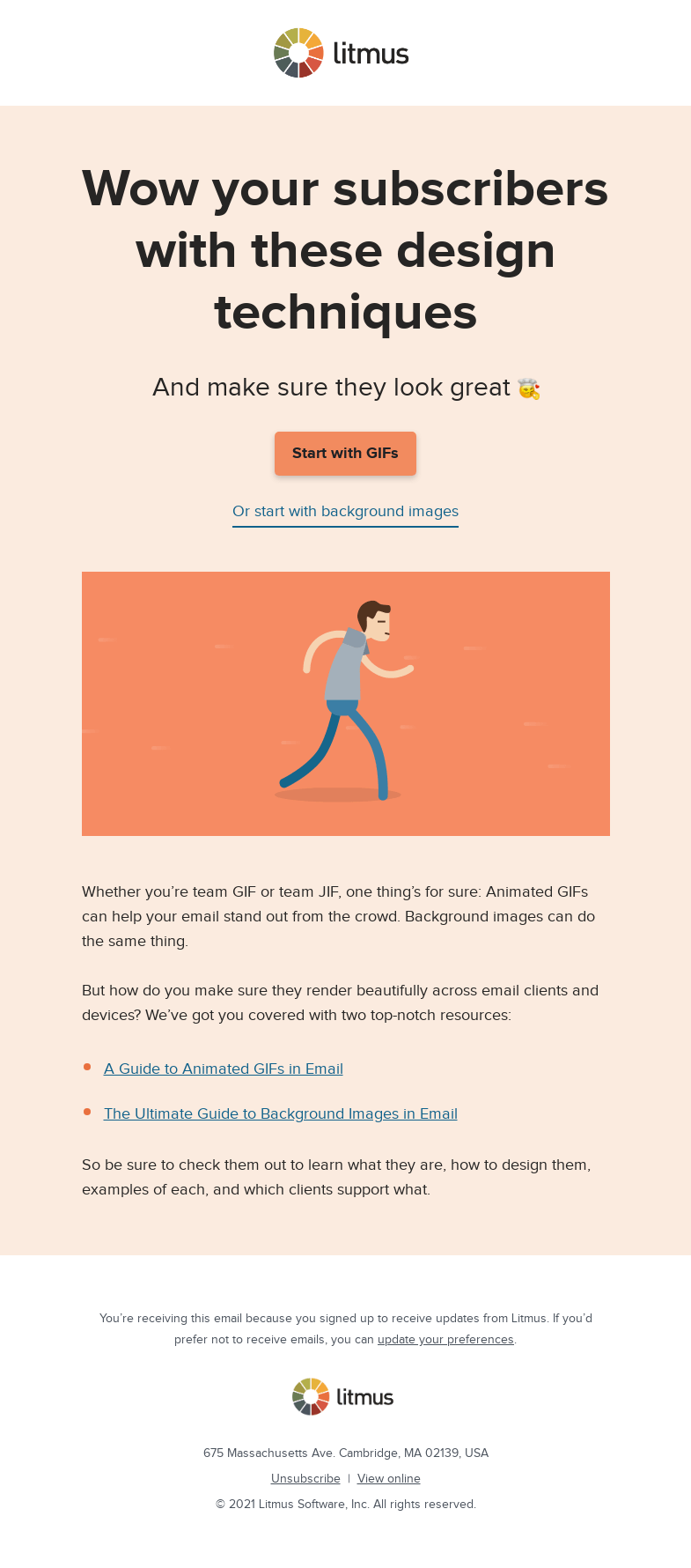 Письмо компании «Litmus» на тему «Animated GIFs and background images in email....»