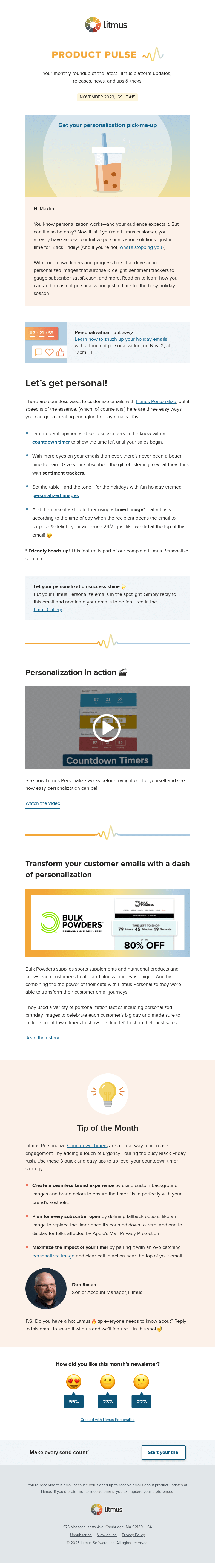 Письмо компании «Litmus» на тему «Need some personalization inspiration? »